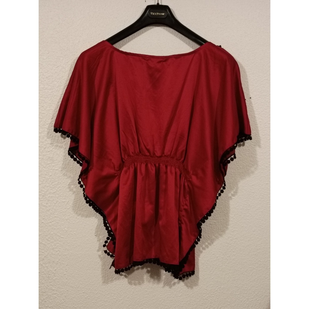Takara Women's Red Kaftan Top With Black Lace Trim Cinched Elastic Waist Size L - Picture 7 of 7